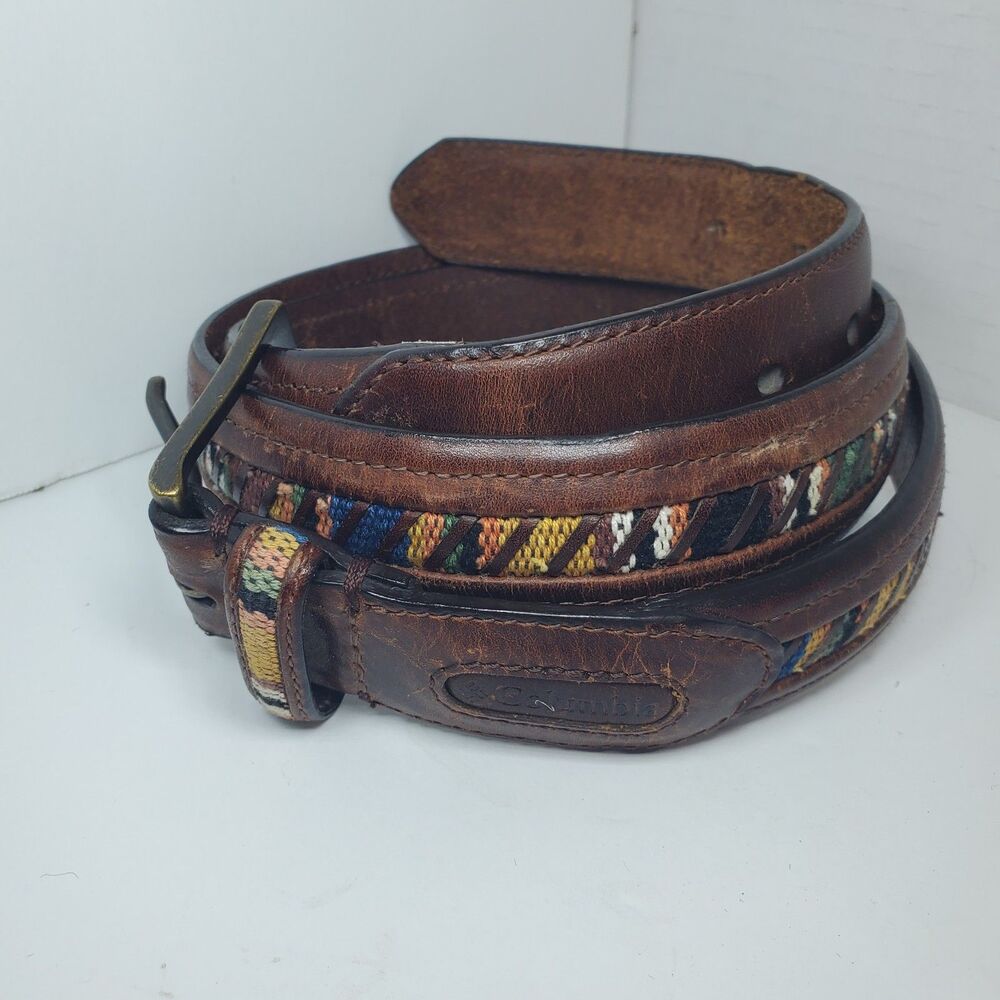 Vintage Columbia Sportswear Brown Leather Belt 40 Southwestern Aztec Woven Inlay